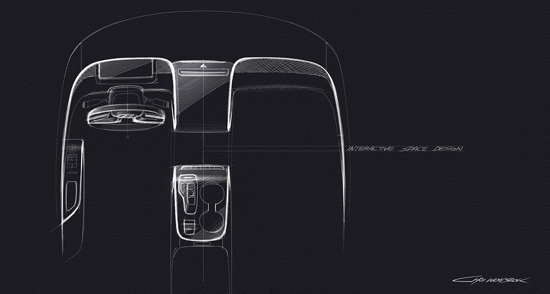 Designový náčrt zcela nového futuristického kokpitu kompaktního SUV Hyundai Tucson.